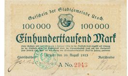 Urach 100000 Mark+Stempel grün KN rot 20.08.1923 VZ-VZ+
