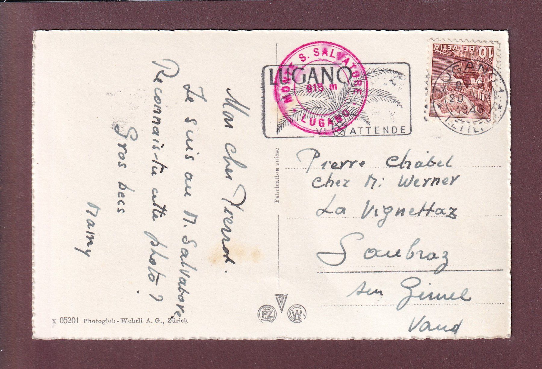 Ansichtskarten: LUGANO - Funicolare - 1948 – Gebraucht aus Pully von nicecards 1