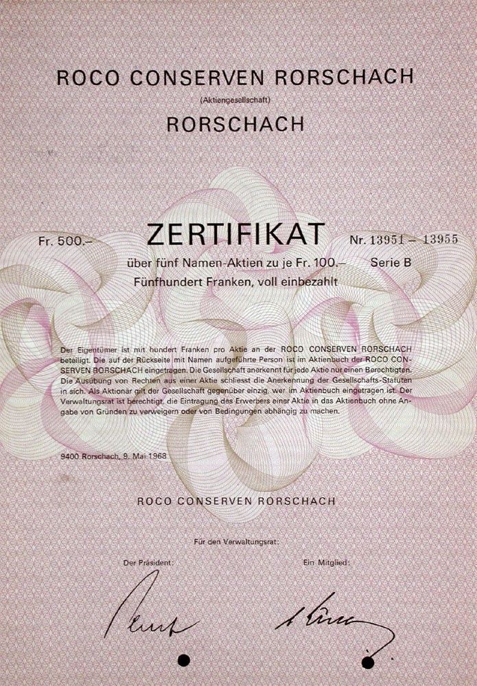 Documenti: Roco Conserven Rorschach AG, Rorschach - 1968 – Usato da Solothurn venduto da Sgasche