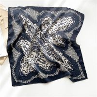New 53cm 100% Silk Scarf, Boho White Navy Blue Silk Scarf