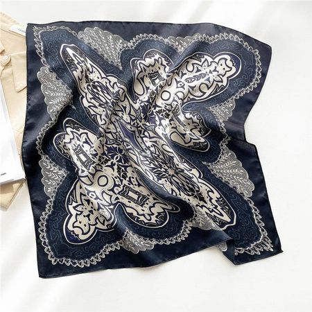 New 53cm 100% Silk Scarf, Boho White Navy Blue Silk Scarf