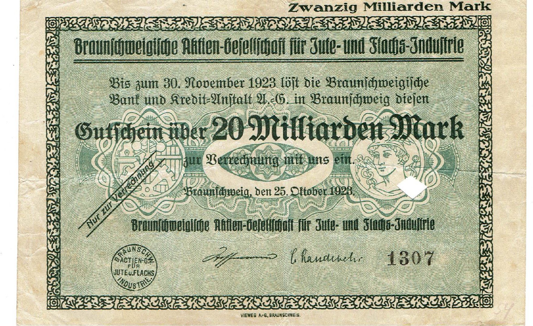 Banconote: Braunschweig 20 Mrd.Mark 25.10.1923 SS++-VZ – Usato da Steffisburg venduto da ber_8htf