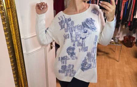 Weisser Strickpullover Gr. 48 mit Blumenmuster BASLER
