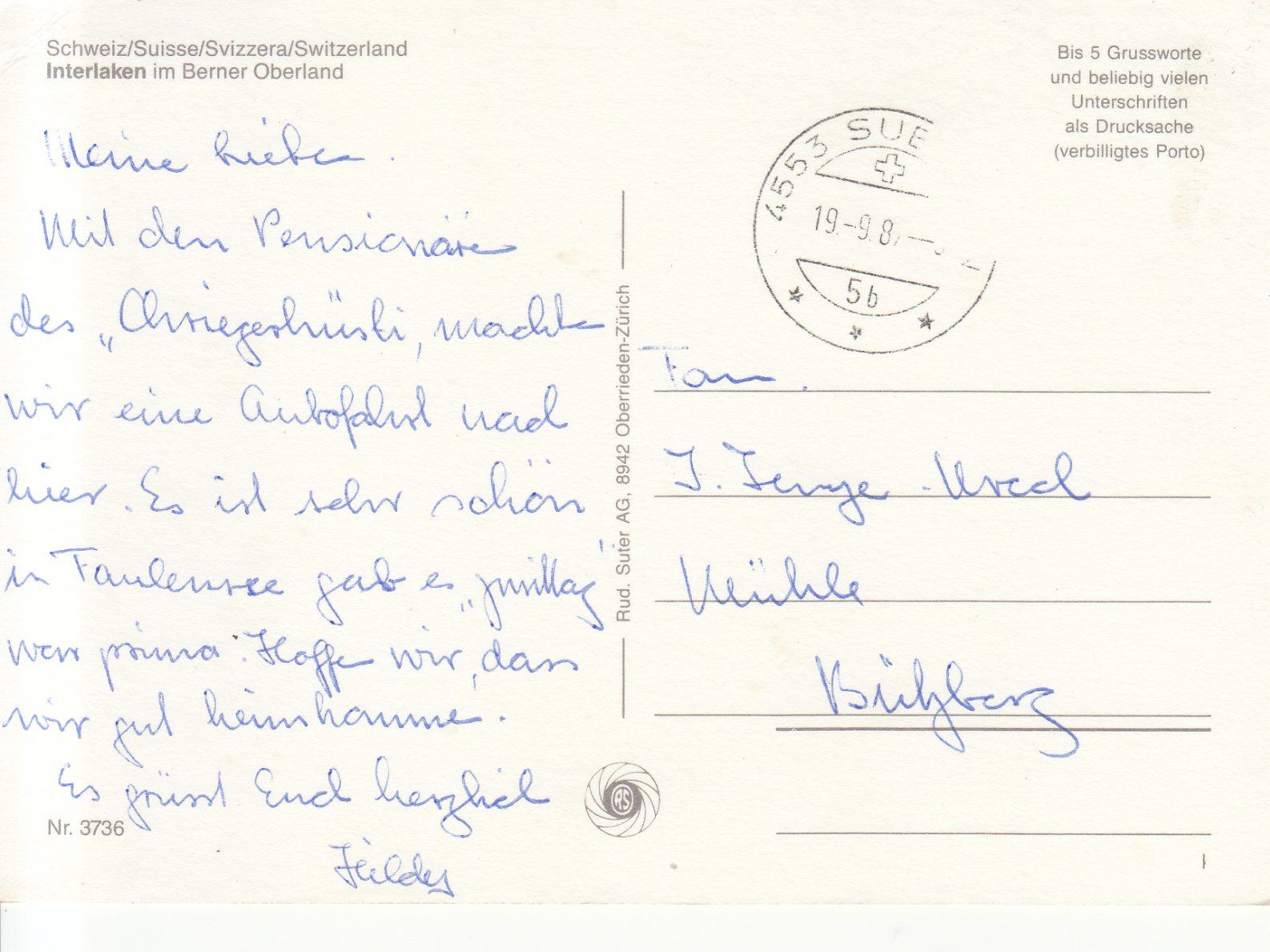 Cartoline postali: Interlaken 1987 – Usato da Bürglen TG venduto da StampGraf 1