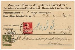 23 Rp. Tell MiF auf Nachnahmekarte von GLARUS nach QUINTEN