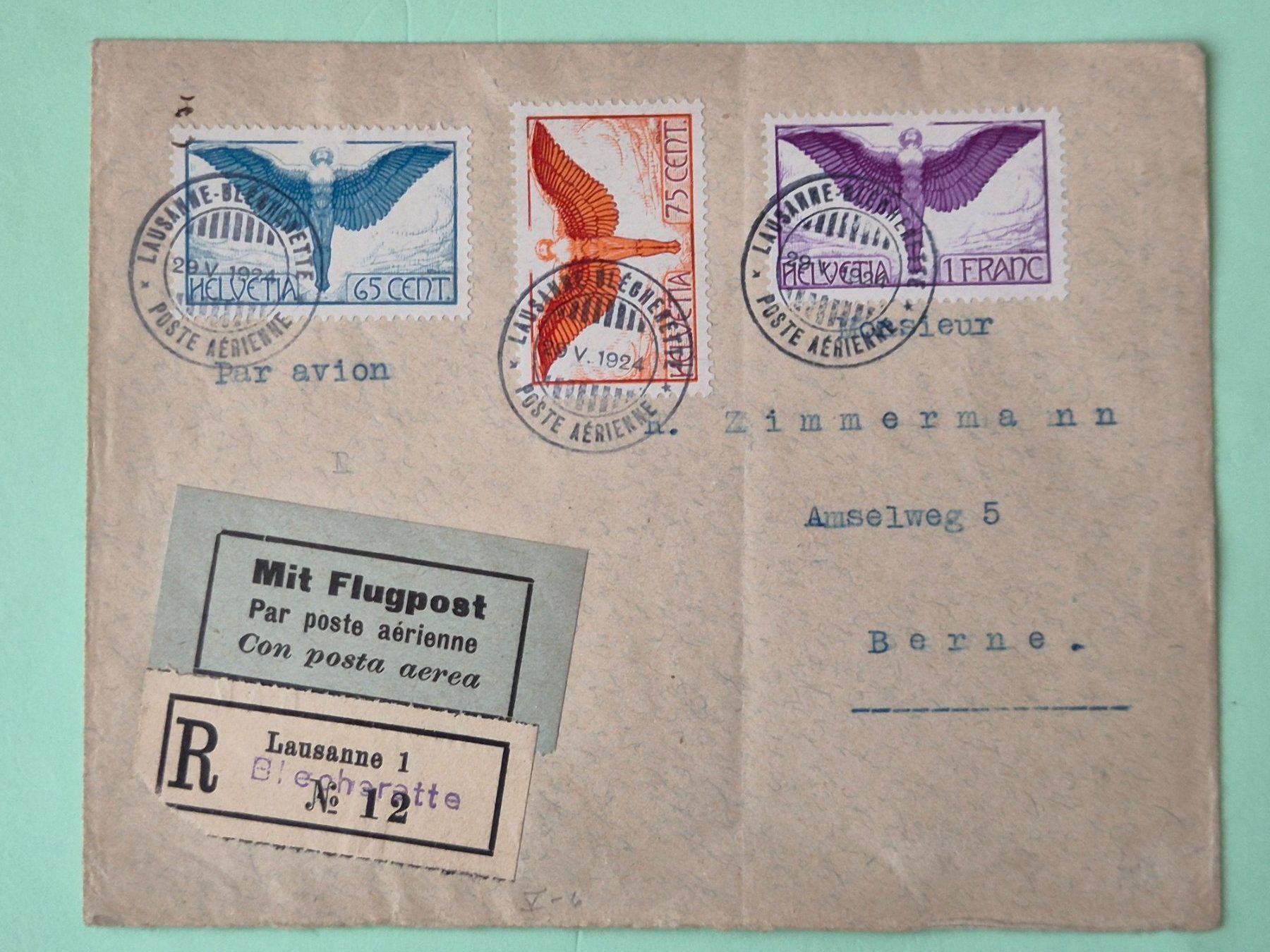 Tutti i francobolli: eingeschriebener Flugpostbrief Lausanne-Bern 29.V.1924 – Usato da Seewen SZ venduto da SuperpumaDisplayTeam