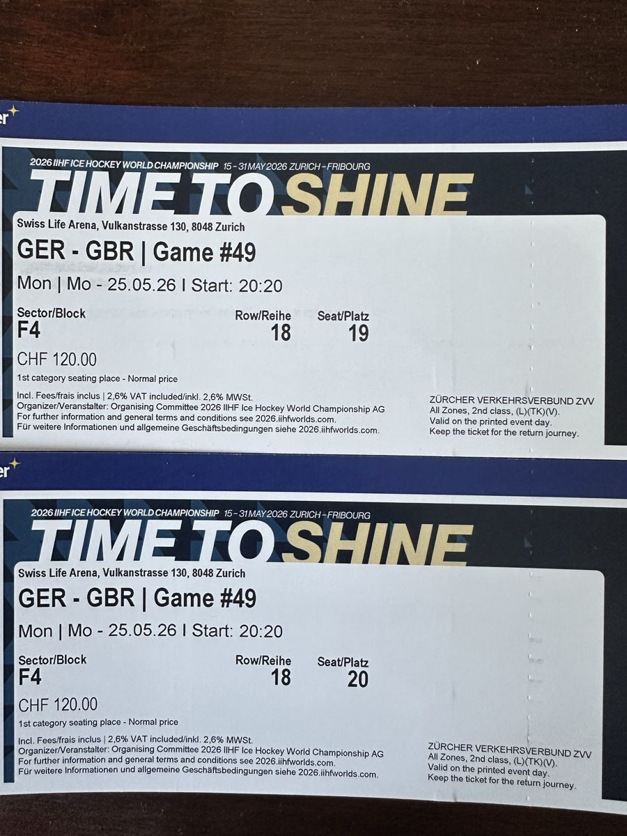 Biglietti: IIHF 2x Tickets GER-GBR 25.5.2025 – Nuovo e nell'imballaggio originale da Zürich venduto da TheaVMO