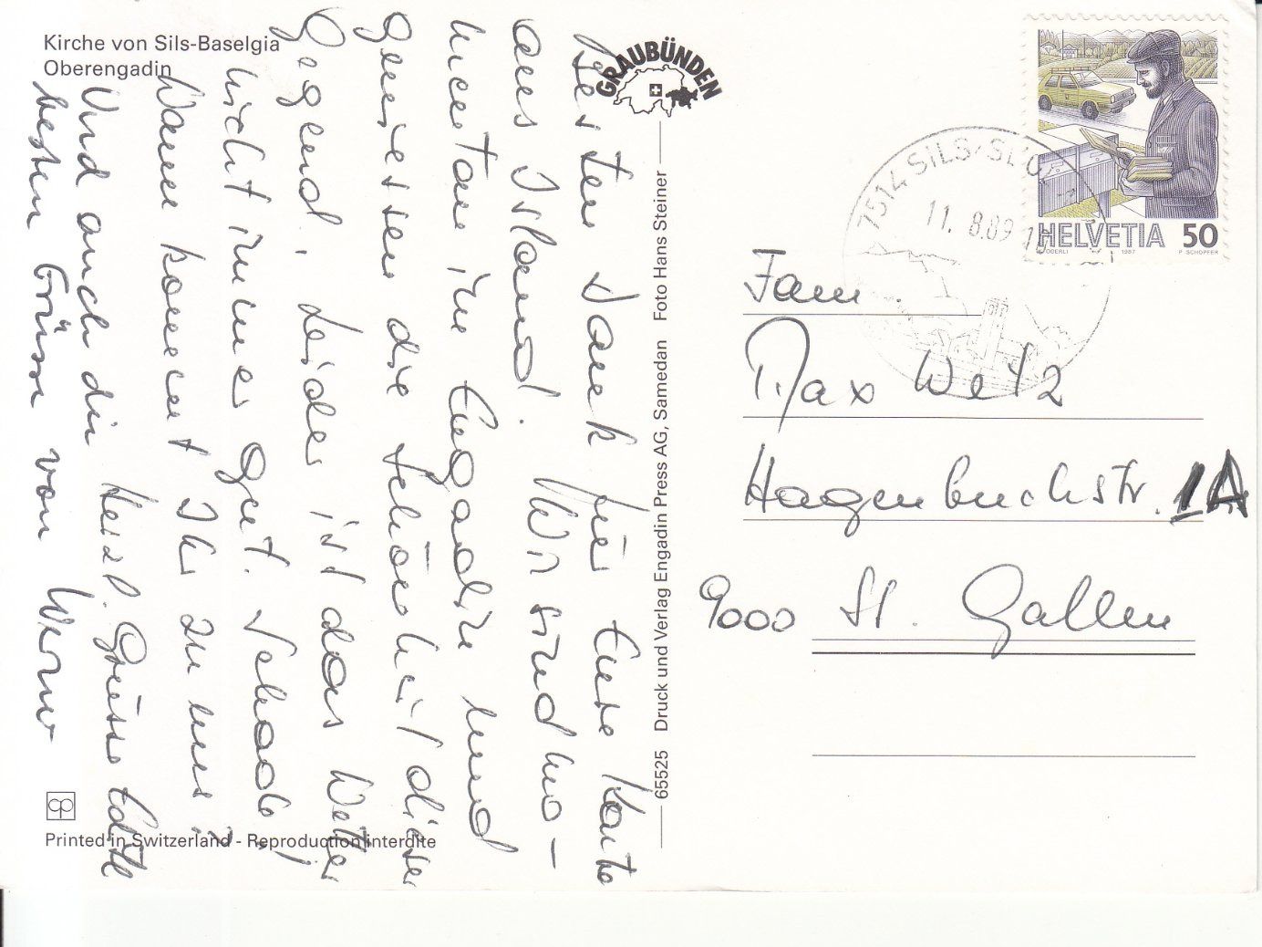 Cartoline postali: Sils Baselgia 1989 – Usato da Bürglen TG venduto da StampGraf 1