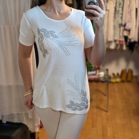 Elegante Damenbluse Weiß Strass Gr. 40 L festlich Chic