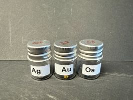 Elementsammlung: 3 edle Metalle: Silber, Gold und Osmium