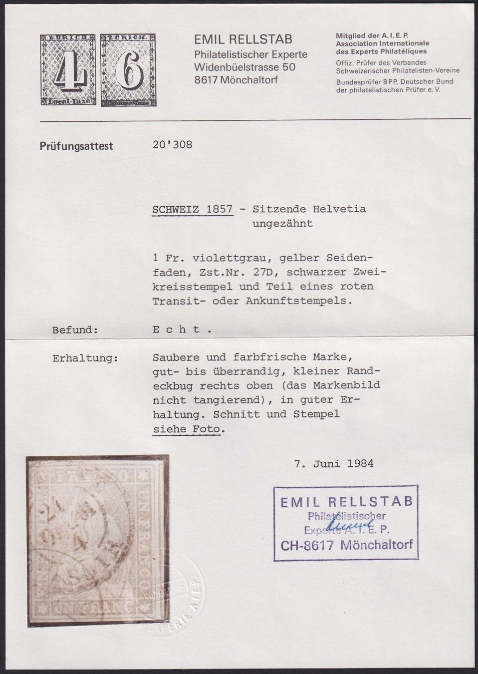 Tutti i francobolli: 27D, Topstück+Attest, Roter +Schwarzer Stempel, 1300.-++ – Usato da Sursee venduto da Luzernerraute 2