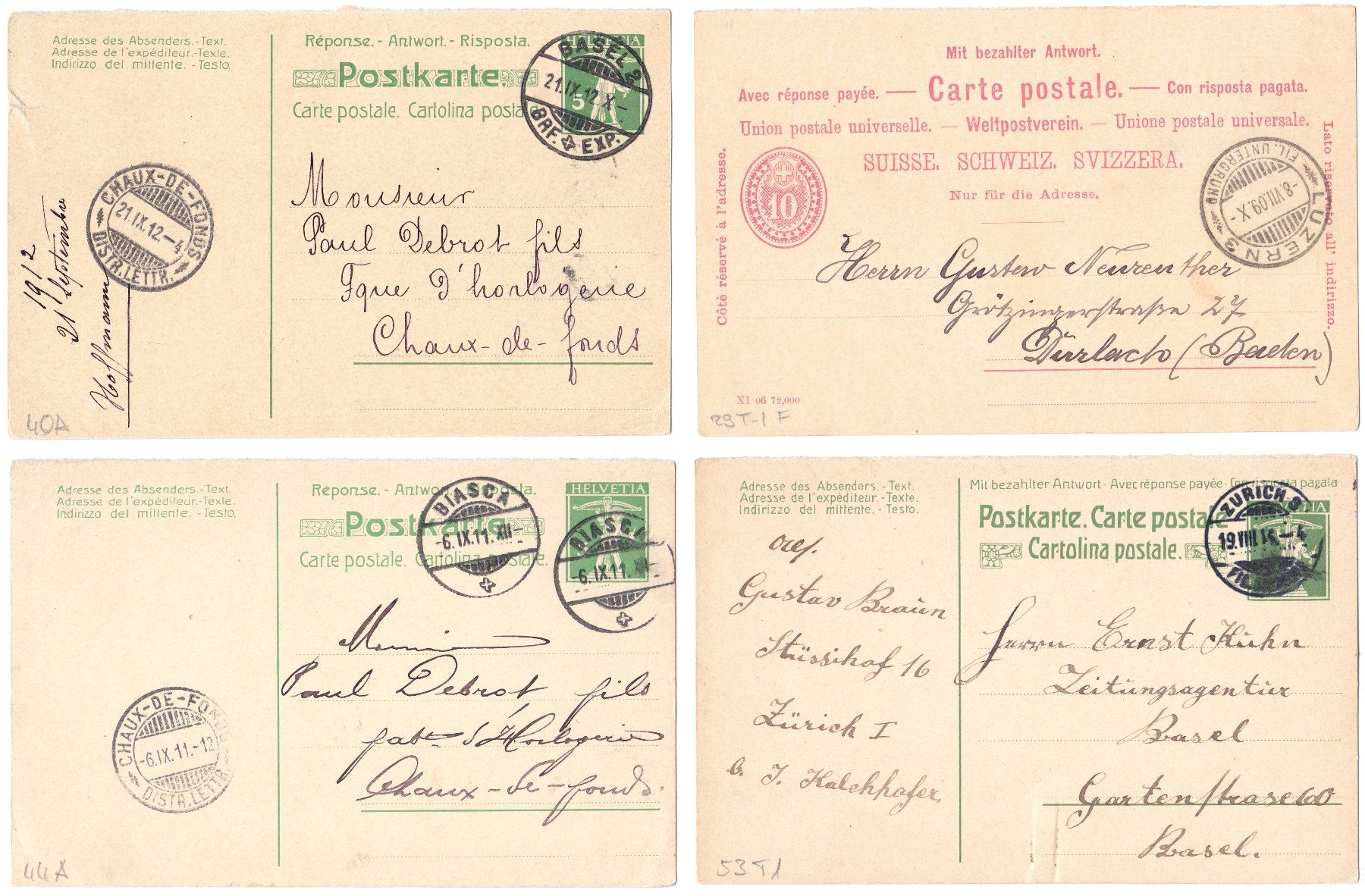 Tutti i francobolli: 4 PK mit bezahlter Antwort - Réponse - Risposta, 1909-14 – Usato da Basel venduto da riobar