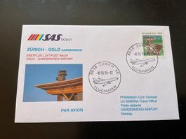 SAS Zürich-Oslo Erstflug-Luftpost 8.10.98 mit Helvetia Marke