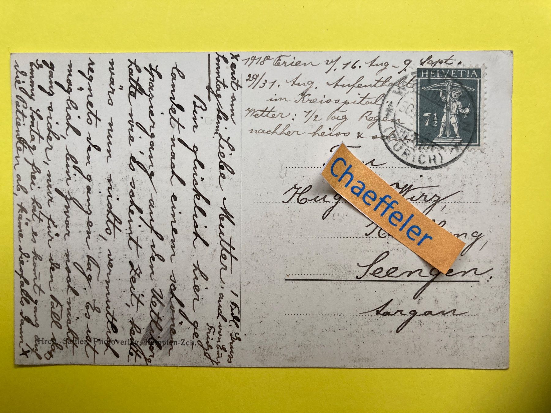 Cartoline postali: 1918 Wetzikon - Zürich – Usato da Zürich venduto da Chaeffeler 1