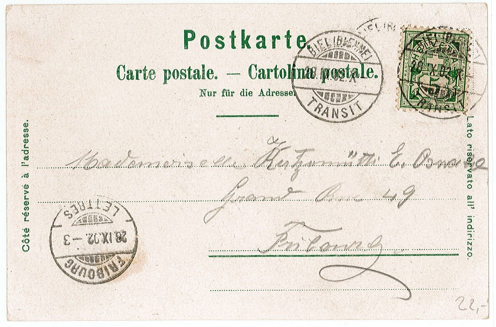 Cartoline postali: BE 296 Werbung Pub Litho BIEL Stadtkirche Marktp BIENNE 1902 – Usato da Fribourg venduto da philafri 1