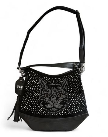 Tasche mit Katzenmotiv und Strass schwarz neu