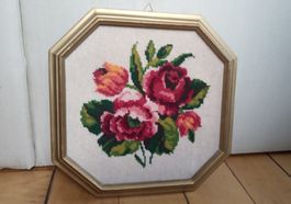 Kreuzstich Bild Blumen Rosen Handarbeit Gold Rahmen gerahmt