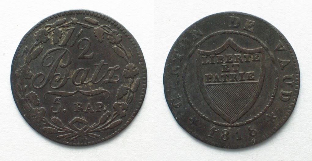 Tutti le monete: WAADT / VAUD Halbbatzen 1818 Billon – Usato da Riehen venduto da sesambestcoins2004