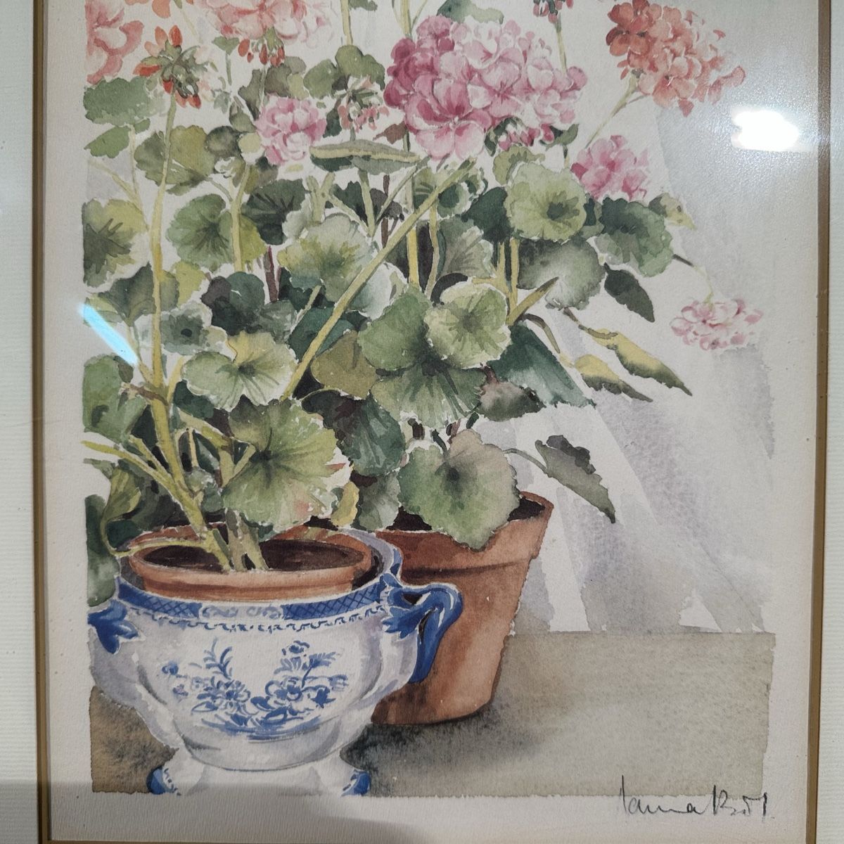 Dipinti: Aquarelle originale encadrée - Fleurs et pot – Usato da Lausanne venduto da artnouveau04 5