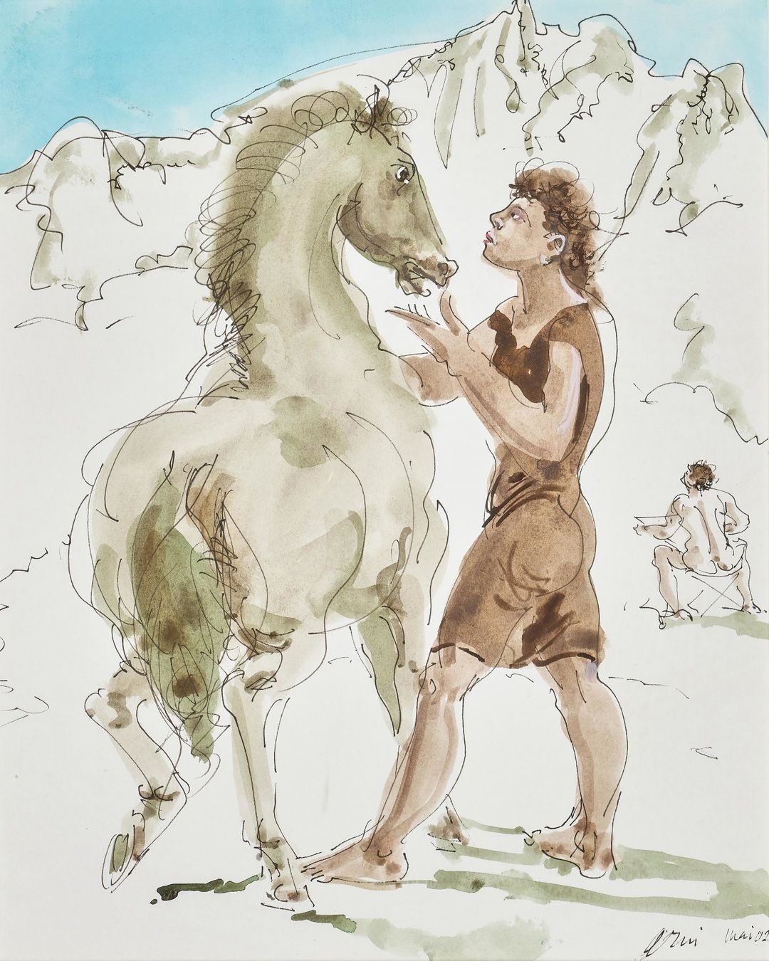 Dipinti: Erni Hans Junger Mann mit Pferd Original Aquarell und Tusche – Usato da Siebnen venduto da Kareno