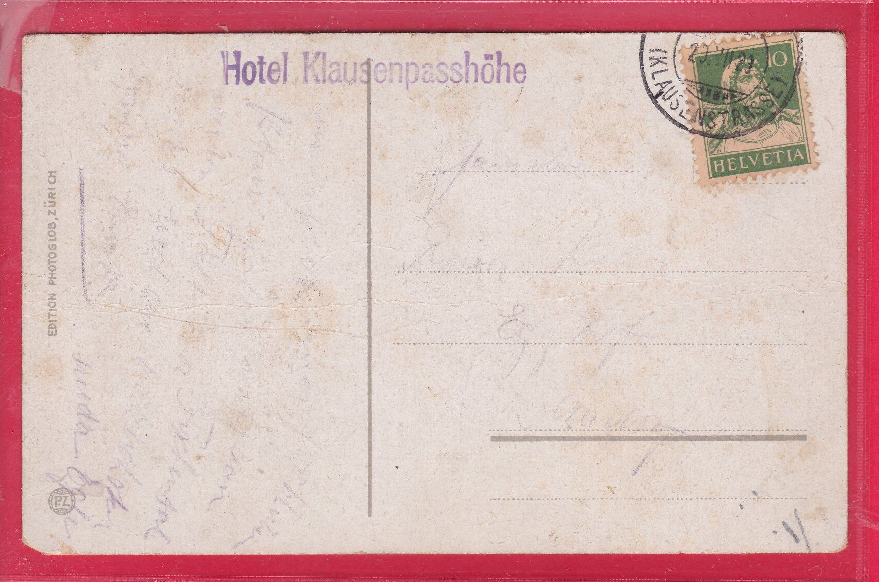 Ansichtskarten: HOTEL KLAUSEN-PASSHÖHE 1838m, 20.7.1923 – Gebraucht aus Oberrieden von Gebirgsstelze 1