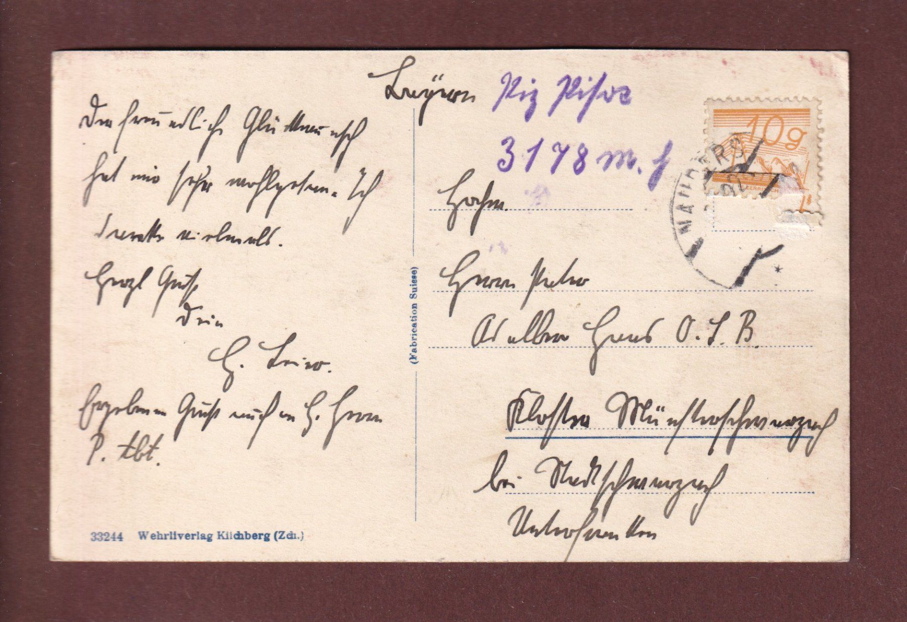 Cartoline postali: SCHULS - Kirche - Piz Pisoc - 1929 – Usato da Pully venduto da nicecards 1