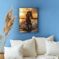 Affiche Scène de coucher de soleil avec un cheval au galop