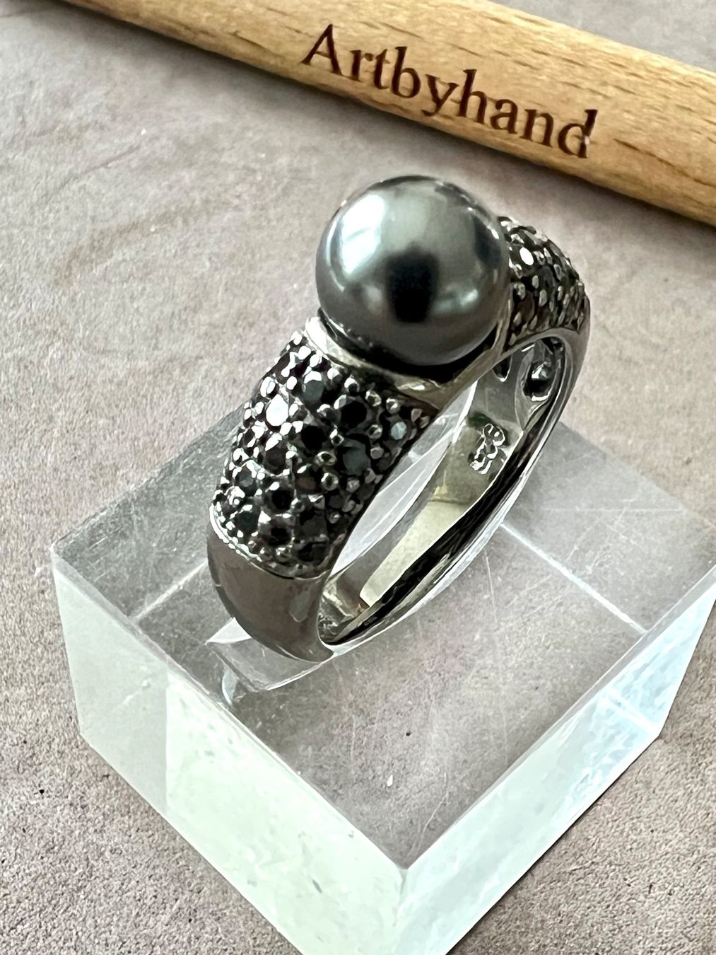 Anelli: 925 Silberring mit dunkler Zucht-Perle & Pavé Besatz – Usato da Ruswil venduto da artbyhand 5