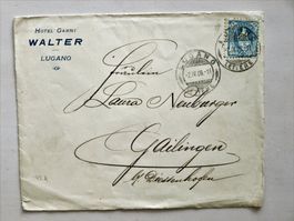 Hotel - Brief 1908, LUGANO > D-GAILINGEN, 25Rp steh HELVETIA