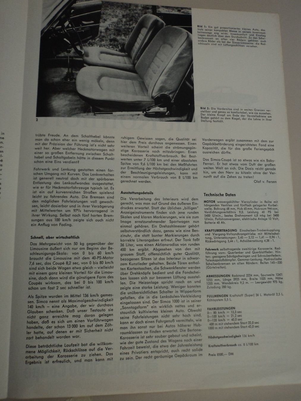Simca Documenti: Prospekt Testbericht Simca 1000 Bertone Coupè 1965 – Usato da Schwarzenburg venduto da modelCARama 7