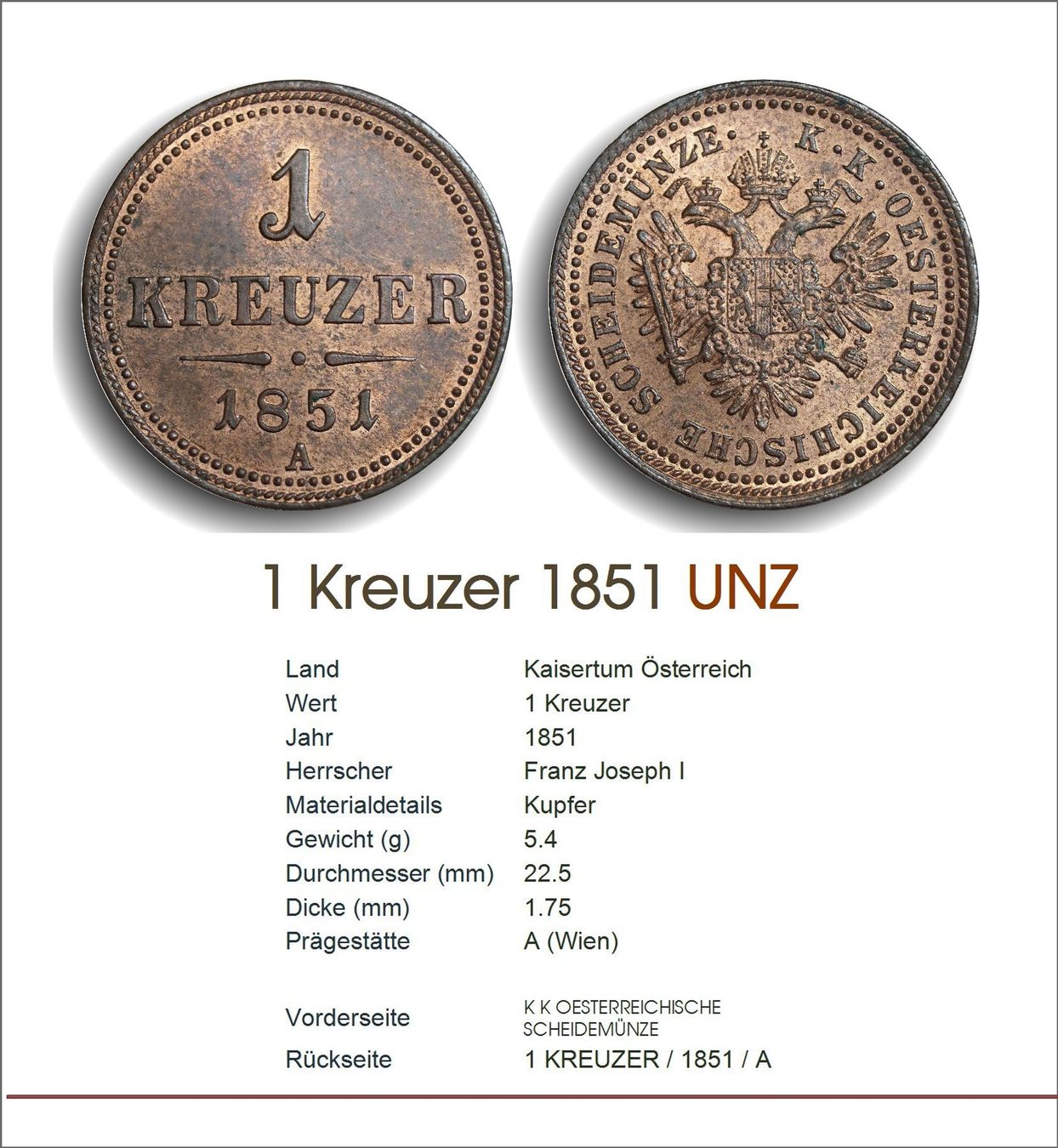 Tutti le monete: 1 Kreuzer 1851 UNZ RRR – Nuovo (secondo la descrizione) da Flamatt venduto da samowarow