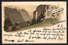 Litho Lauterbrunnen, Ortsansicht mit Ber