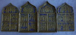 Tetraptychon/Reiseikone aus Russland. Bronze emailliert Blau