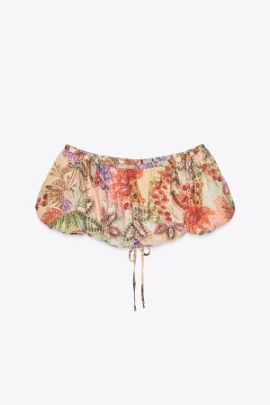 Damen Crop Top schulterfrei geblümt bunt Grösse S neu