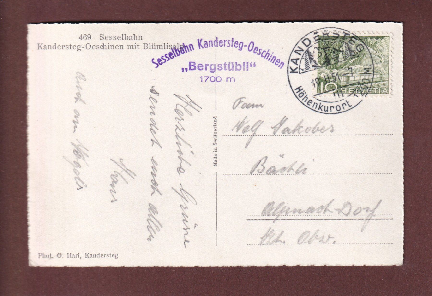 Ansichtskarten: Sesselbahn KANDERSTEG-OESCHINEN - 1951 – Gebraucht aus Pully von nicecards-shop 1