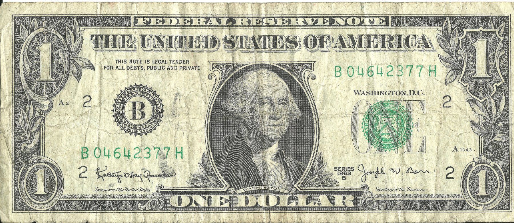 Banconote: Eine abgeranzte US-Dollar-Note, Serie 1963 – Usato da Volketswil venduto da IvanBerton1974