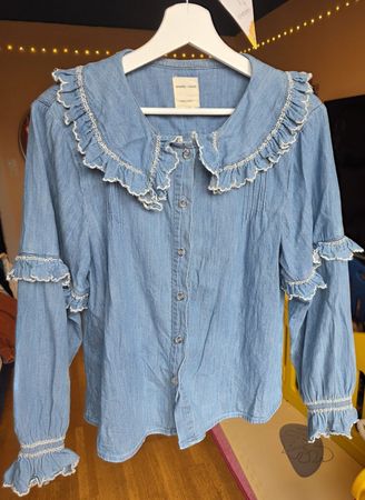 Seventy + Mochi Denim Bluse Rüschenkragen - Gr. 40 - Sust.