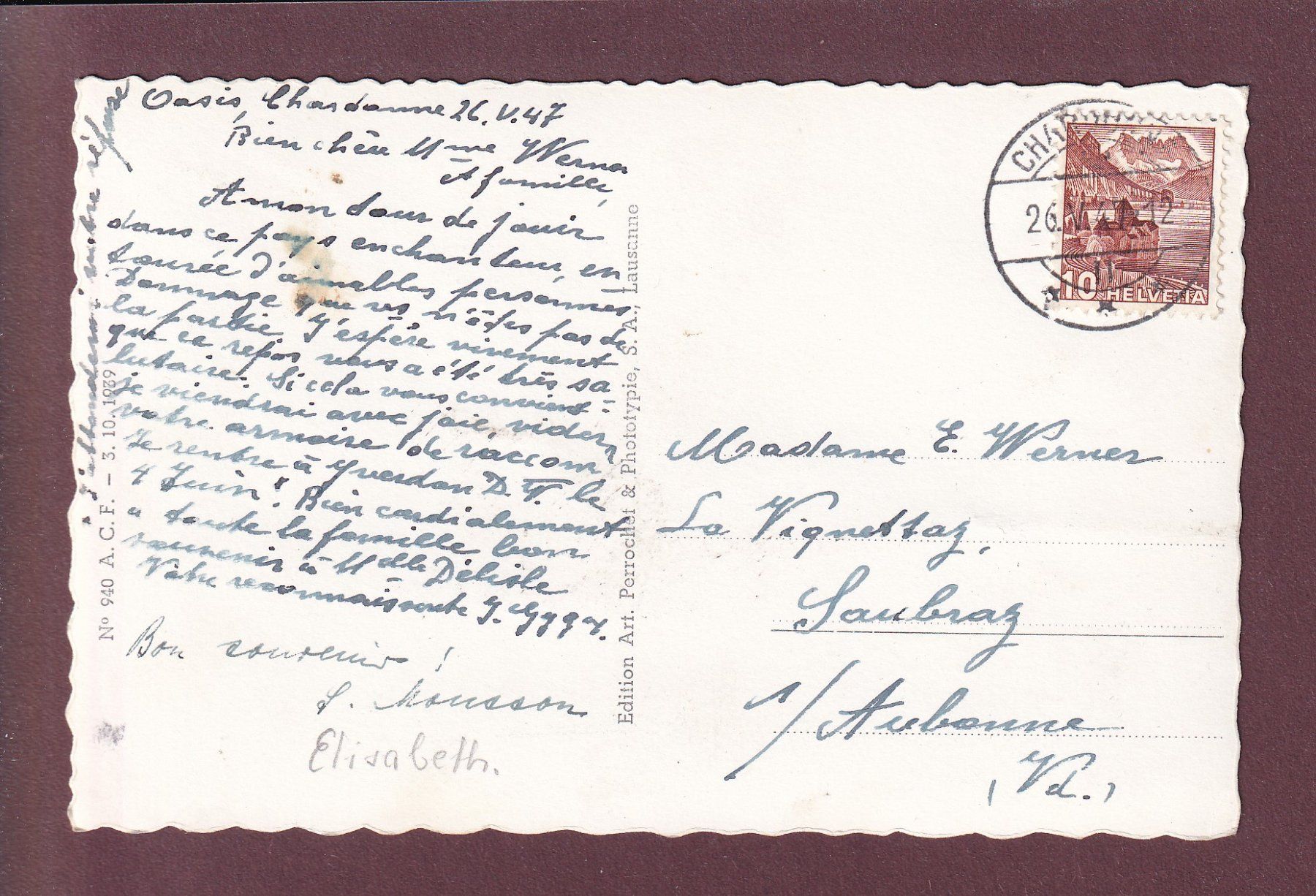 Cartoline postali: CHARDONNE - Vue sur Vevey - 1947 – Usato da Pully venduto da nicecards 1
