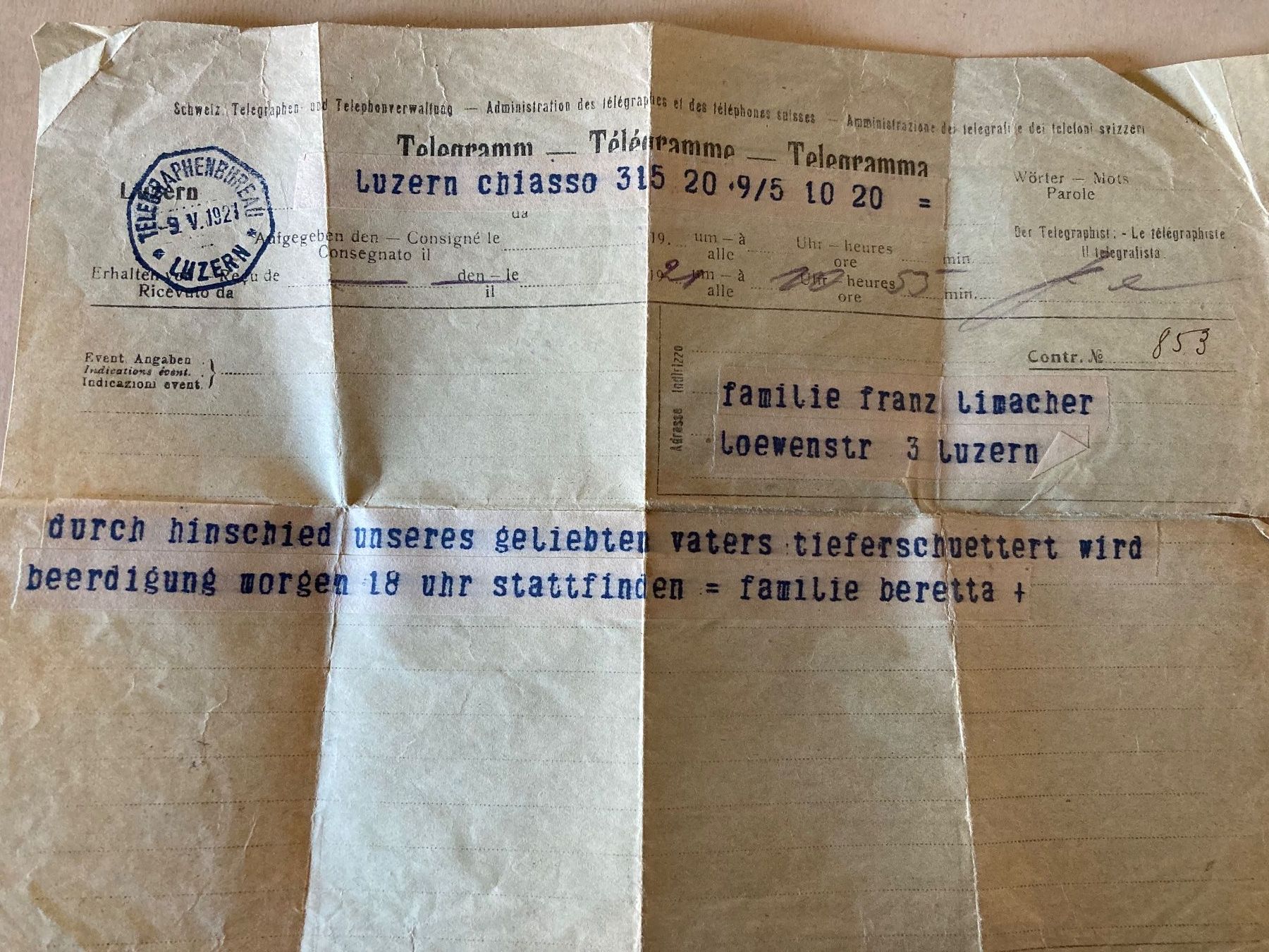 Documenti: Antikes Telegramm Formular, Luzern, 9. Mai 1921 – Usato da Schenkon venduto da Angelikahu