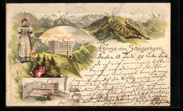 Cartoline postali: Litho Stanserhorn, Hotel mit Bergen – Usato da Berlin venduto da bartko-reher