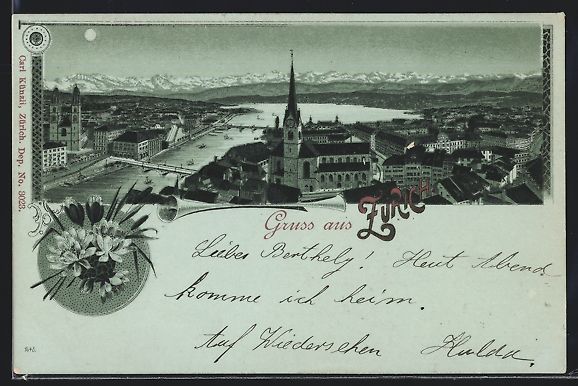 Cartes postales: Lithographie Zürich, Totale mit Kirche – D'occasion à Berlin par bartko-reher