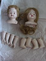 2 Puppenköpfe mit Haaren, Armen und Beinen
