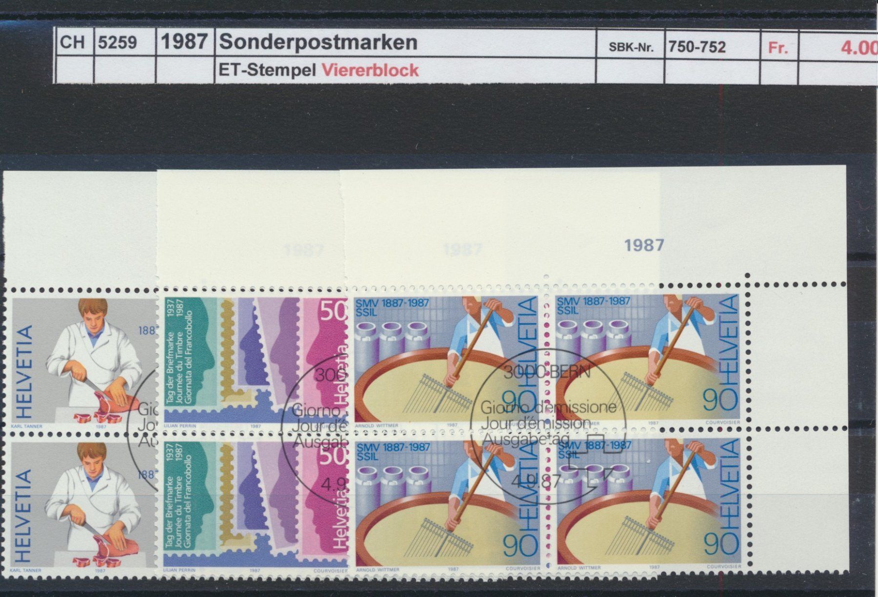 Tous les timbres: 1987 "Sonderpostmarken", Viererblock, ET - Stempel – D'occasion à Winterthur par Zupogeru