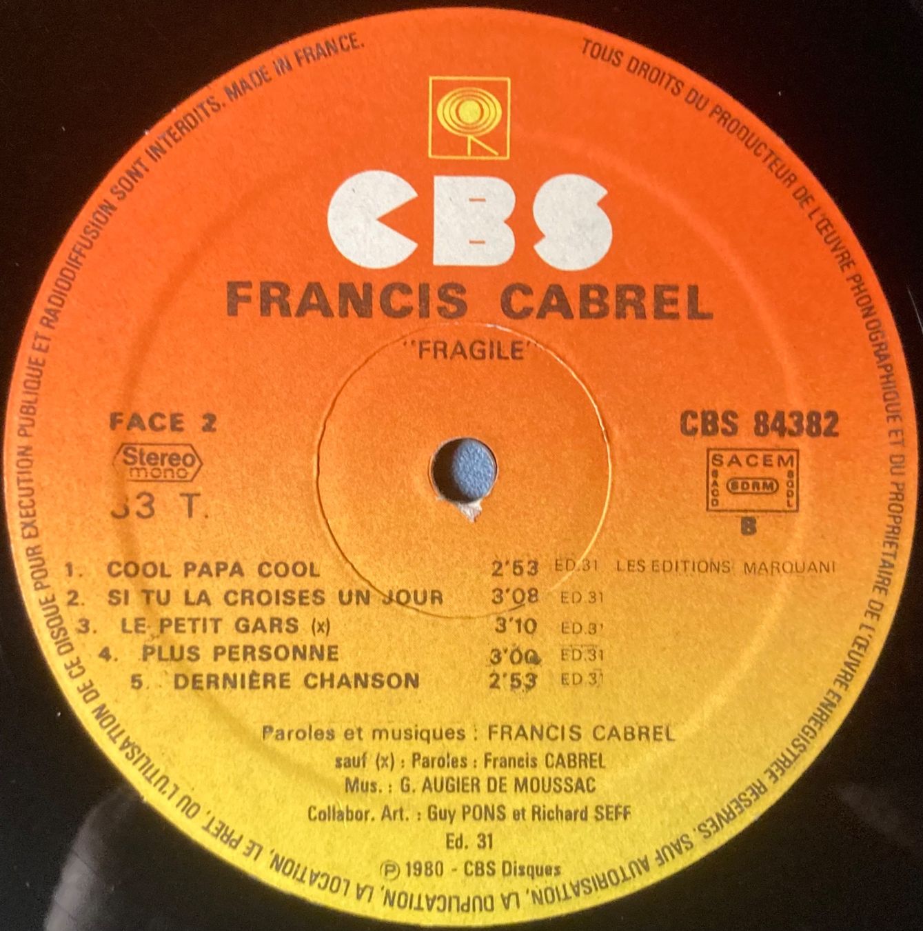 Dischi in vinile: FRANCIS CABREL - FRAGILE – Usato da Poliez-Pittet venduto da Newtown-Records 3