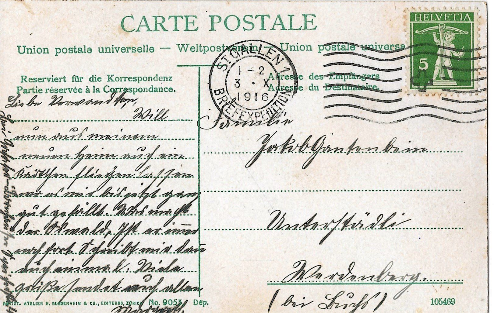 Cartoline postali: St. Gallen, Guggenheim, 1916 – Usato da Frauenfeld venduto da Merk52 1