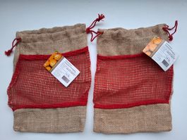 2 Jutebeutel, Juttensäcke, mit Netzeinsatz, Samichlaus, neu