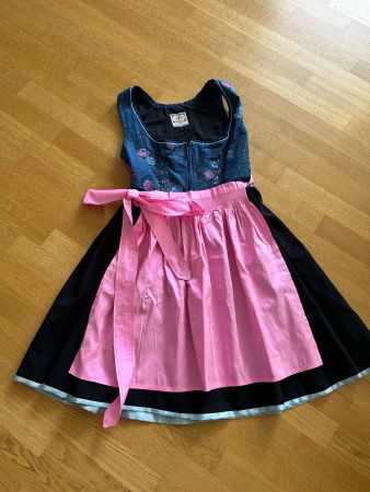 Dirndl Tracht blau rosa mit Blumenstickerei 38-40