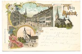Gruss aus Münster (LU) Altstadt - 2 Kirchen - Litho - 1898 !