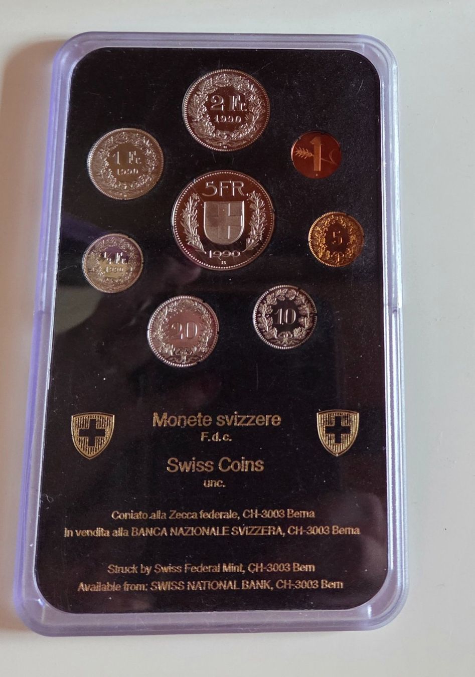 Tutti le monete: Coffret Monnaies Suisses 1990 – Nuovo e nell'imballaggio originale da Bioley-Magnoux venduto da esperance7