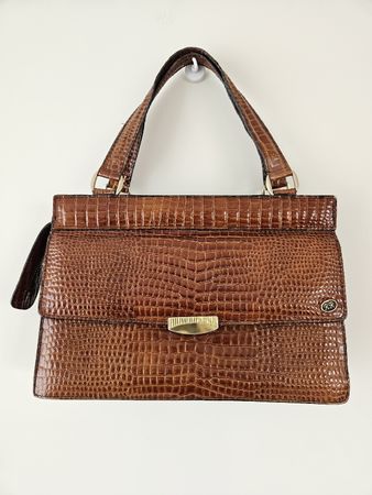 Vintage Handtasche Kroko-Optik, Echtleder Braun / Cognac